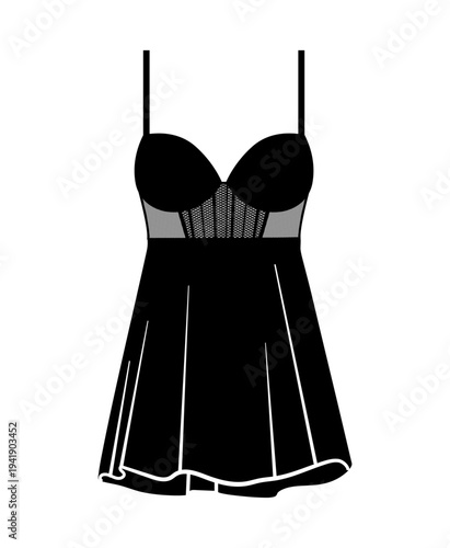 Black silhouette of a women's babydoll nightdress with corset bodice, bra cups and flared skirt. Vector illustration of feminine sleepwear isolated on a white background.