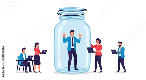 Vector illustration of business people trapped in a jar, office confinement concept