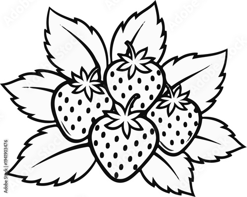 A black and white line drawing of four ripe strawberries surrounded by leaves
