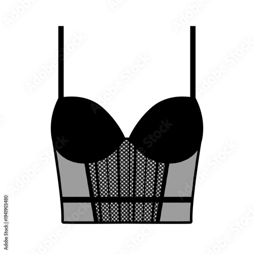 Black silhouette of a women's corset style bra with mesh panels and vertical boning structure. Vector illustration of modern lingerie isolated on a white background.
