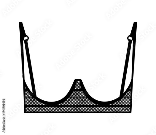 Black silhouette of crochet style bra with underwire and thin straps. Vector illustration of female lingerie isolated on white background.