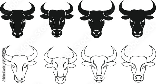 Bull heads in various artistic styles and shading techniques
