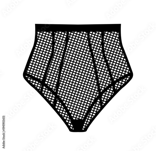 Black silhouette of women high waist mesh panties with grid pattern. Vector illustration of female lingerie isolated on white background.