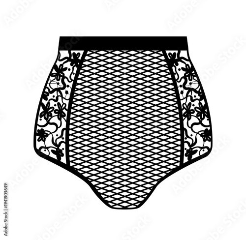 Black silhouette of women high waist panties with mesh center panel and lace sides. Vector illustration of female lingerie isolated on white background.