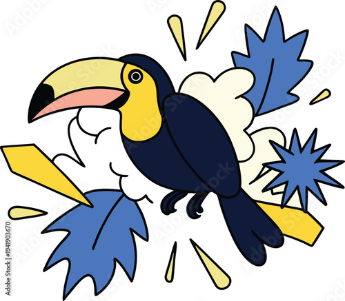 Colorful toucan bird with large beak sitting on a tree branch in a tropical rainforest