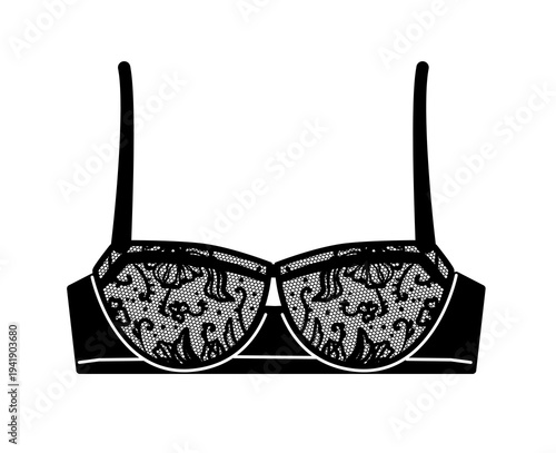 Black silhouette of a lace women bra with decorative floral pattern and straps. Vector illustration of elegant lingerie isolated on white background.