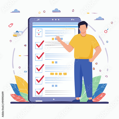 Man standing next to large smartphone with checklist on screen.