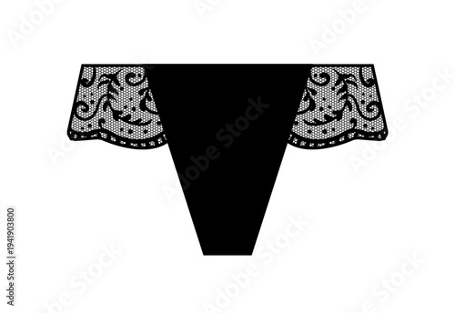 Black silhouette of women thong panties with lace side panels and decorative pattern. Vector illustration of female lingerie isolated on white background.