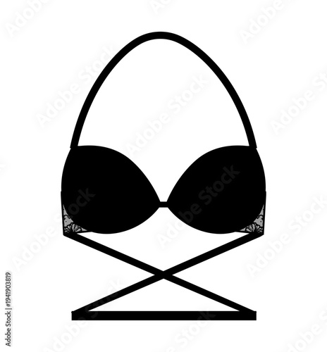 Black silhouette of a women's lace bra with adjustable straps and decorative strappy design. Vector illustration of feminine lingerie isolated on a white background.