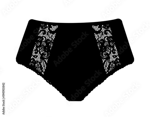 Black silhouette of women panties with decorative lace side panels. Vector illustration of elegant female lingerie isolated on white background.