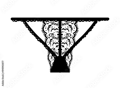 Black silhouette of women lace thong panties with ornamental pattern. Vector illustration of elegant female lingerie isolated on white background.
