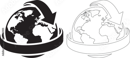 Black and white globe icons with arrows