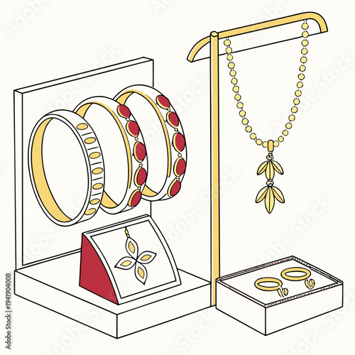 Gold jewelry display with bangles necklace earrings