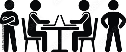 Group of people discussing around a table with two security guards standing nearby