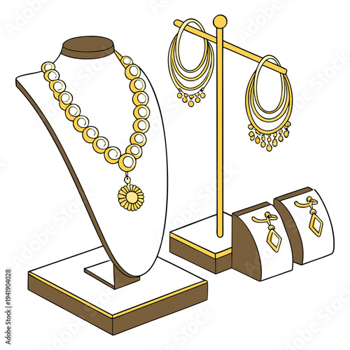 Gold jewelry display with necklace earrings and bracelets 2