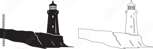 Black and white illustration of two lighthouses on a cliff