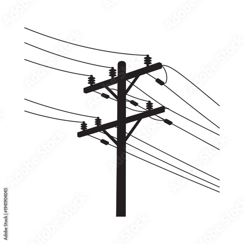 Black silhouette of a utility pole with multiple power lines running across
