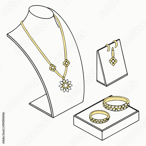 Gold jewelry display with necklace earrings and bracelets 1