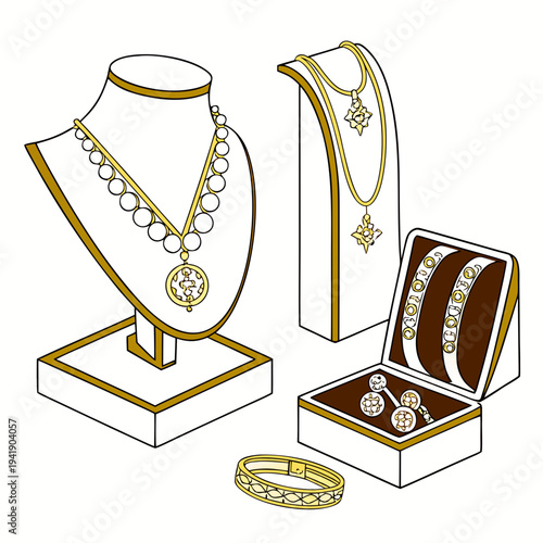 Gold jewelry display with necklaces and bracelet jewelry box