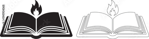 Black and white illustrations of two open books with flames