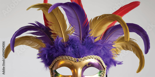 A decorative Mardi Gras mask with vibrant purple, gold, and red feathers arranged in a crown-like formation 