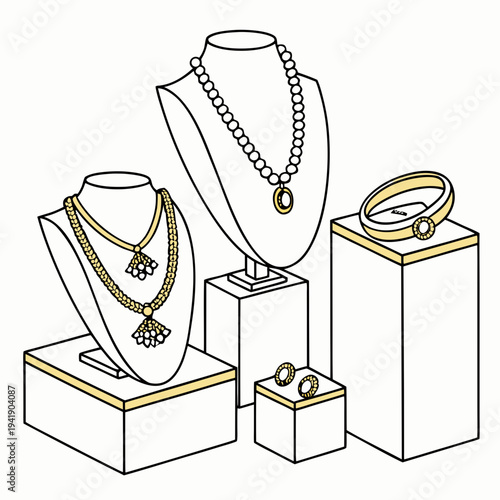 Gold jewelry display with necklaces and bracelets on stands 1