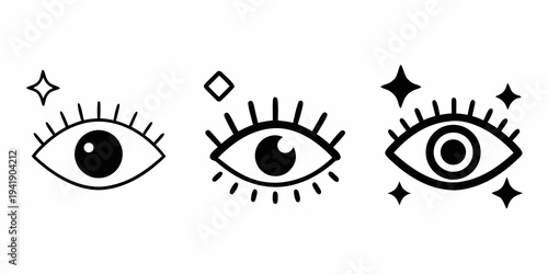 Three stylized eyes with radiating lines and diamond star accents