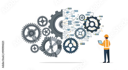 Vector illustration of engineer with gears and technology symbols