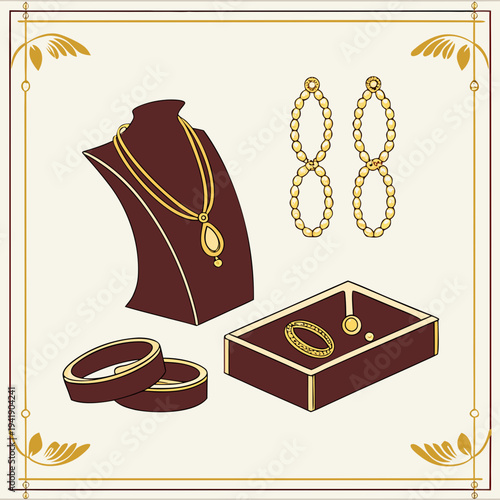 Gold jewelry set with necklace earrings and rings on display