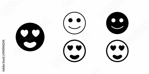 Simple black and white illustrations of faces with heart shaped eyes