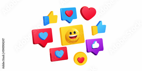 Colorful 3d social media icons including likes hearts and a smiley face