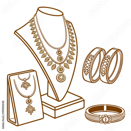 Golden jewelry composition with necklaces bracelets and bangles