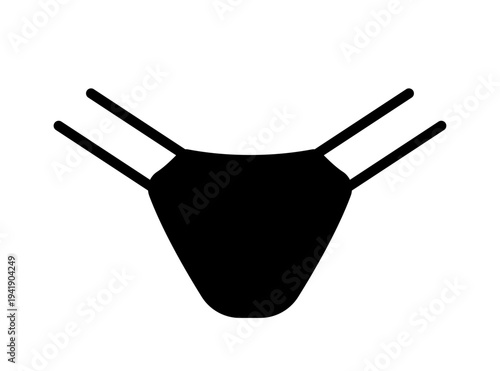 Black silhouette of women's micro thong panties with side tie straps. Vector illustration of minimal feminine lingerie isolated on a white background.