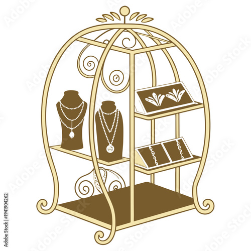 Golden jewelry showcase with necklaces and earrings