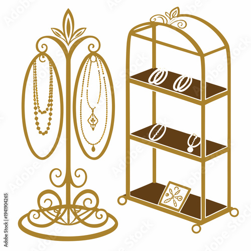 Luxury golden jewelry display with necklaces and bracelets on stands