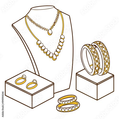 Golden jewelry composition with necklace on bust earrings and bangles
