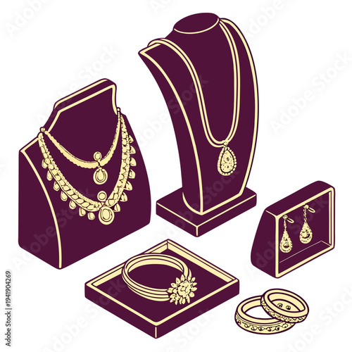 Luxury jewelry retail display with gold necklaces bracelets earrings and rings on purple velvet