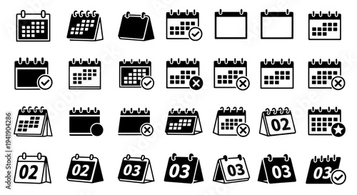 Calendar icon set with check mark and cross symbols
