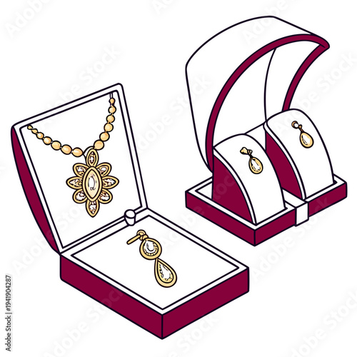 Luxury jewelry retail presentation with gold necklace earrings