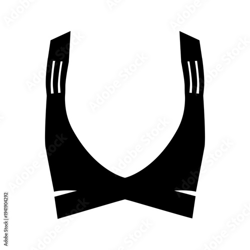 Black silhouette of women sport bra top with wide straps and deep V neckline. Vector illustration of female activewear isolated on white background.