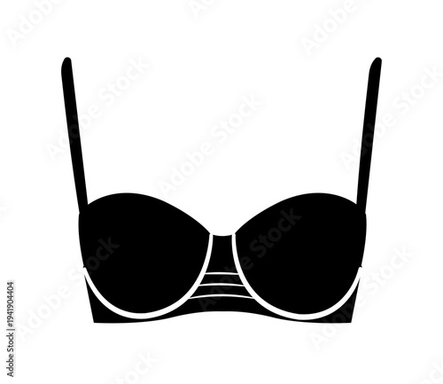 Black silhouette of underwire bra with decorative strap detail in the center designed to accentuate breast shape. Vector illustration of erotic female lingerie isolated on white background.