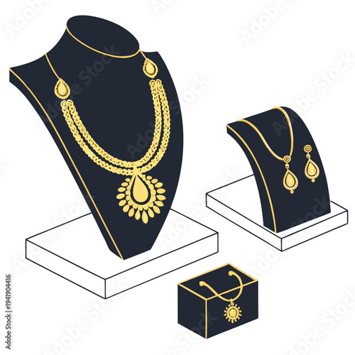 Gold jewelry display with necklace earrings and pendant on black stands