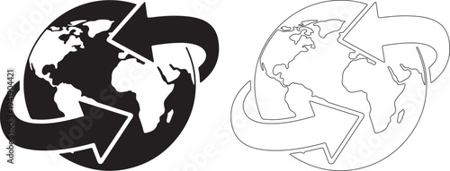 Black and white globe with circular arrows for global concepts