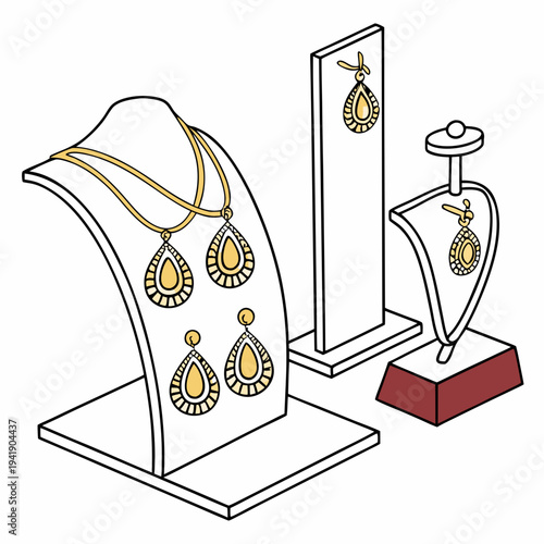 Gold jewelry display with necklaces and earrings on stands