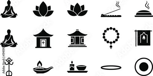 Black and white yoga and meditation icons set