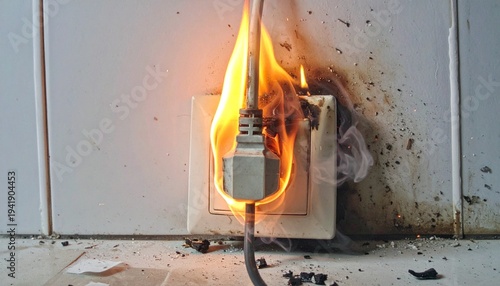 Electrical outlet with plug on fire, flames and smoke, symbolizing electrical hazard and safety risk.