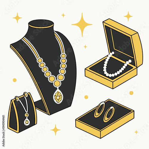 Gold jewelry display with necklace on bust and open jewelry boxes