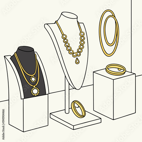 Gold jewelry display with necklaces bracelets and bangles