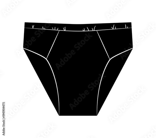 Black silhouette of women classic panties with stitched panels. Vector illustration of female underwear isolated on white background.