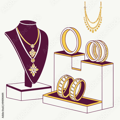 Gold jewelry display with necklaces rings and bracelets